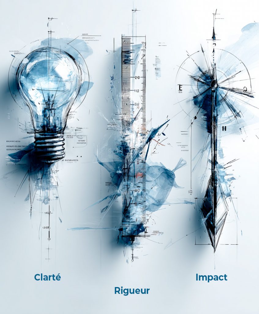 Mes 3 moteurs : clarté, rigueur et impact Illustration des trois moteurs : clarté, rigueur et impact.